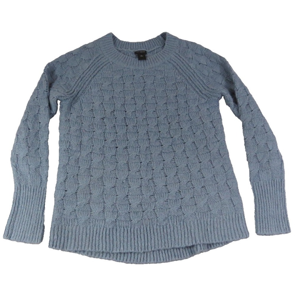 Ann Taylor L Blue Basketweave Knit Sweater Wool Blend Crewneck Cozy Pullover